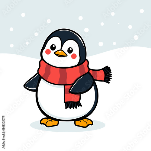 A cartoon penguin wearing a red scarf standing in the snow