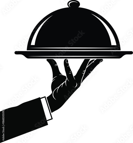 A gloved hand presenting a covered silver platter elegant dining service