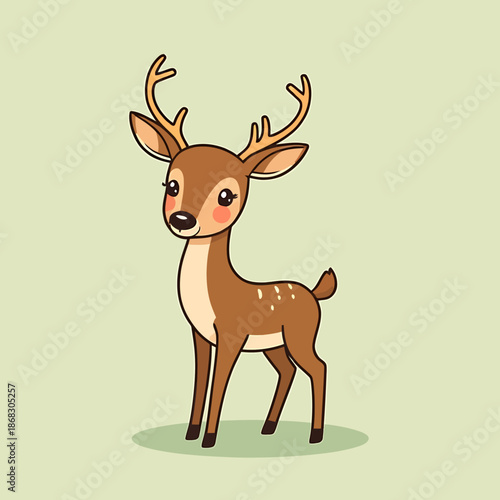 A cartoon deer standing on a green oval patch with a light green background