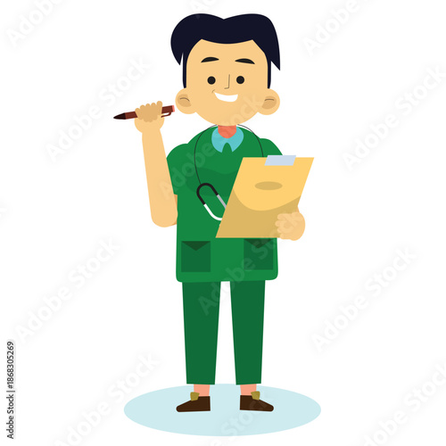 vector of male doctor and notebook and pen