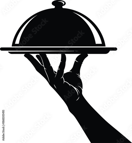 A silhouetted hand presenting a covered dish on a serving tray
