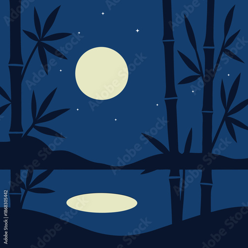 A peaceful night scene with a full moon illuminating a tranquil bamboo landscape over water