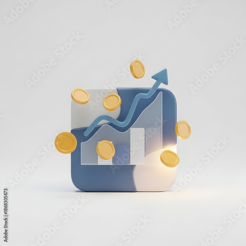 3D graph showing upward financial trend with coins.