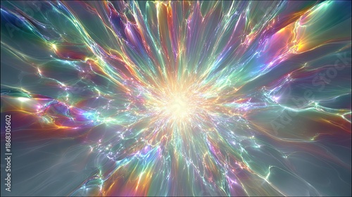 Radiant abstract energy burst with glowing rainbow light streaks and electric fluid pattern background