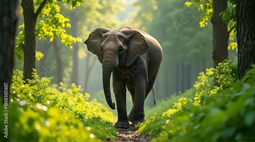 Powerful elephant surrounded by lush tropical rainforest, representing strength, wilderness, and environmental protection.