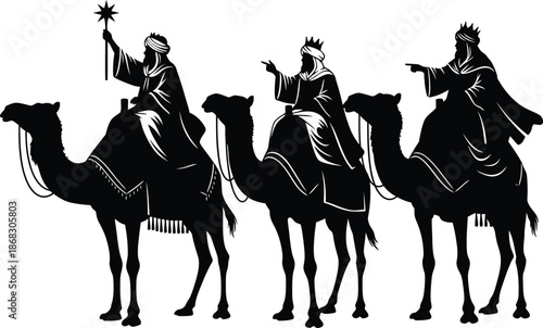 The three wise men on camels silhouetted against a bright star