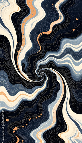 Captivating abstract design featuring hypnotic swirling waves and a central vortex in deep navy blue with soft cream and warm orange highlights—ideal for modern wallpapers, luxury branding, and dynami