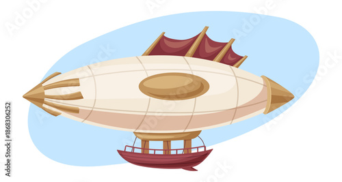 Fantasy steampunk airship with wooden gondola and fabric sails. Cartoon vector air balloon, zeppelin for adventure game, UI icon, storybook illustration, children app and fantasy interface