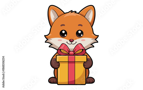 Cute Sitting Fox Character Holding a Yellow Birthday Gift Box with a Red Bow
