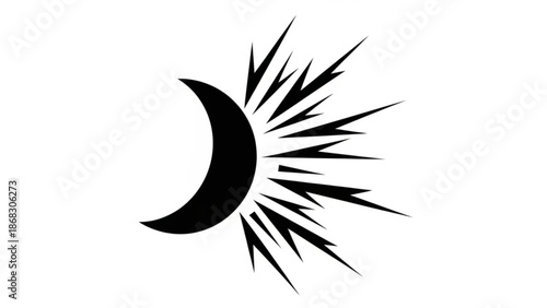 Crescent moon with radiating light burst abstract symbol for night sky phenomena or energy clean vector illustration on white