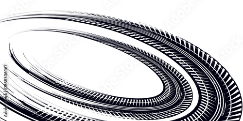 Tire track. Car, bike, motorcycle tyre mark with grunge effect isolated on white background. Wheel footprint on the road. Top view of rubber protector mark