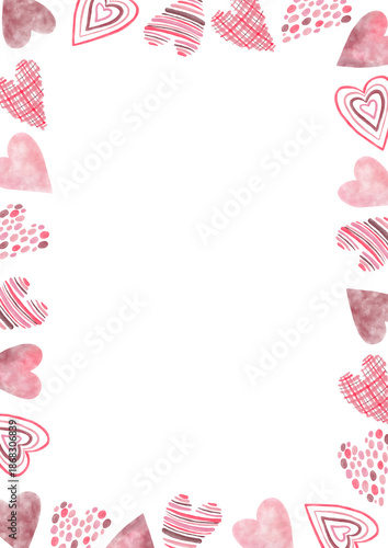 Pink and Red Heart Frame. Watercolor St Valentine’s  illustration