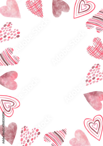 Pink and Red Heart Frame. Watercolor St Valentine’s  illustration