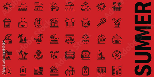 Summer vacation and travel icons set on a red background holiday beach