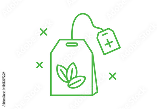 Mint tea bag line drawing. Sign for a fresh herbal drink. Symbol of Mentha leaves. Geometric figures. Random cross elements. Linear mint bag icon design. Vector