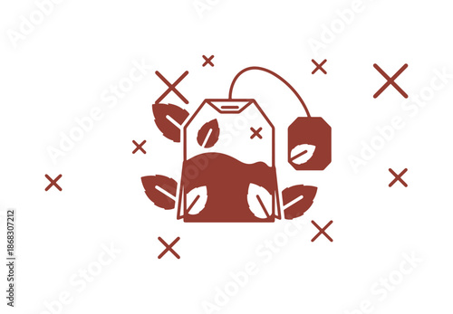 Line icon of a mint tea bag. Fresh herbal beverage representation. Mentha leaves symbol. Geometric shapes. Random cross elements. Mint bag icon in a linear style. Vector