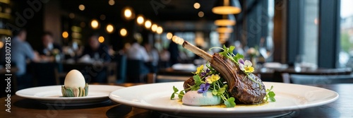 Gourmet lamb chops with edible flowers in elegant restaurant setting