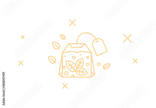 Mint tea bag outline icon. Fresh herbal drink symbol. Mentha leaves graphic. Geometric patterns. Random cross elements. Linear design of mint bag icon. Vector