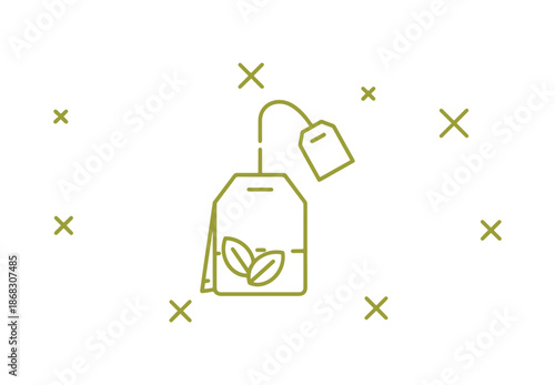 Outline icon of a mint tea bag. Symbol for a fresh herbal beverage. Mentha leaves illustration. Geometric shapes. Random cross elements. Mint bag icon in linear design. Vector