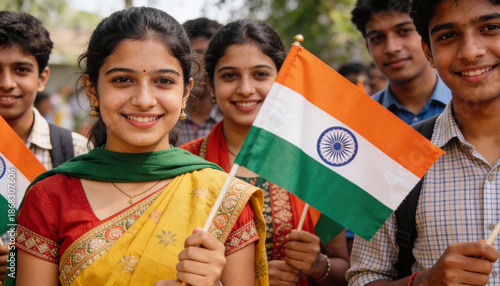 Young Indian Students Holding National Flag Celebrating Unity
