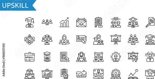 Upskilling and Professional Development Icons in Outline Style Keywords: upskill, education, learning, training, development