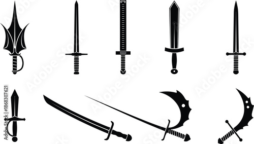A collection of various medieval weapons including swords daggers and scimitars