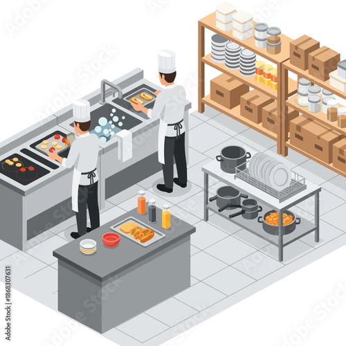 Foto Two Chefs Preparing Food in Kitchen.