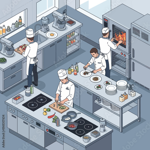 Professional Chefs Cooking in Commercial Kitchen.