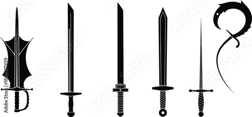 A collection of various black silhouette weapons including swords and daggers