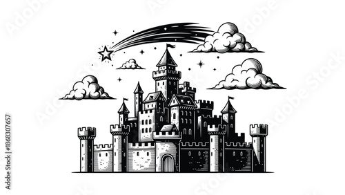 A whimsical fairytale illustration featuring a castle clouds and a shooting star
