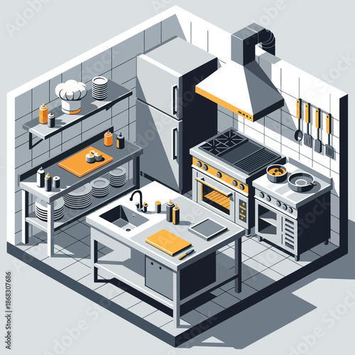 Modern Isometric Kitchen Interior Design Elements.