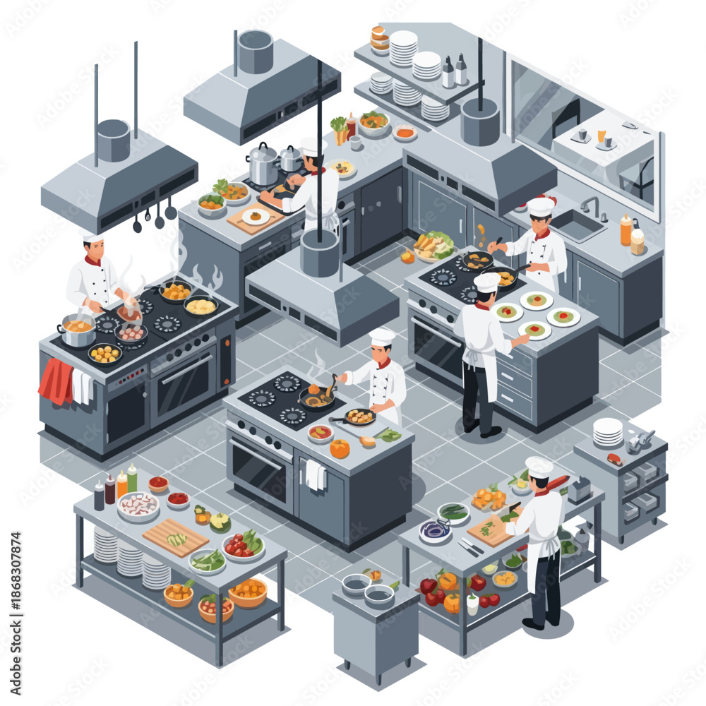 Obraz premium Commercial Kitchen with Chefs Preparing Food.