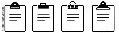 Solid black clipboard icon set featuring different paper fastener styles for administrative tasks