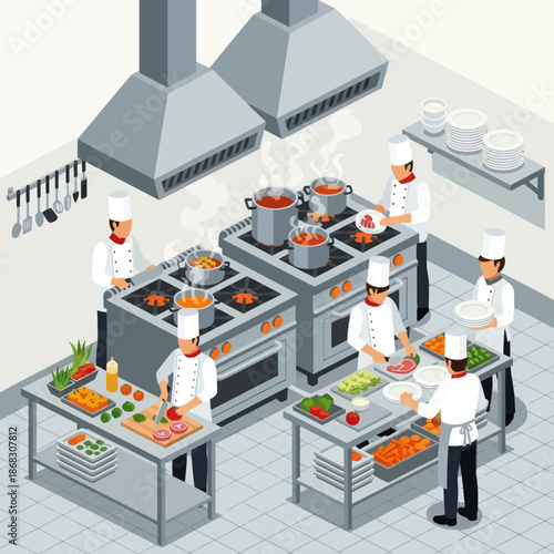 Commercial Kitchen Chefs Cooking Food Together.