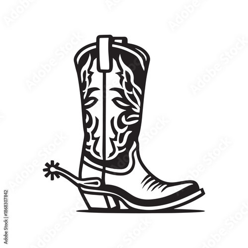 Classic black cowboy boot with white embroidery