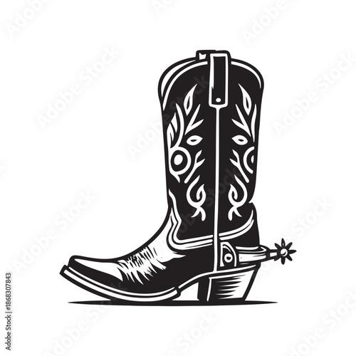 Classic black cowboy boot with white embroidery