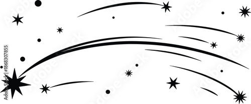 Meteor shower silhouette illustration with multiple shooting stars and stardust trails for astronomical sky concept