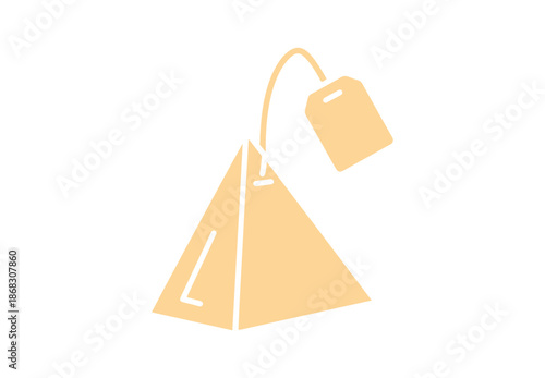 Linear icon. A tea bag in the shape of a pyramid with a paper tag. Simple color vector isolated on white.