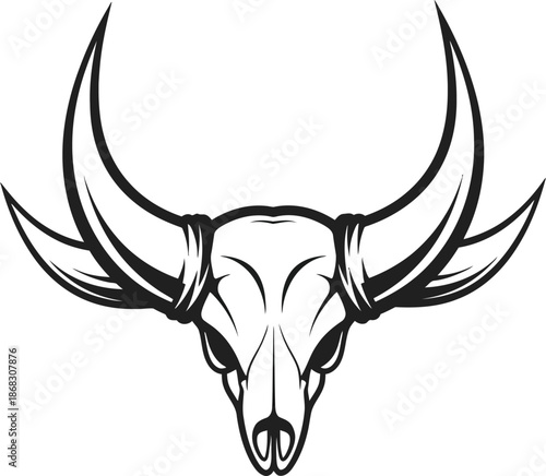 Striking black and white illustration of a deer skull with large antlers