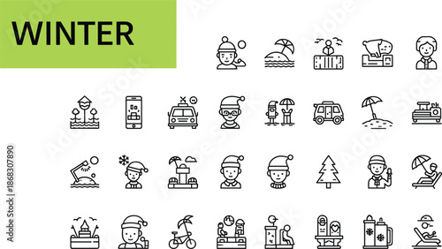 Winter Season and Holiday Icons in Outline Style Keywords: winter, snow, cold, ice, holiday, Christmas, Santa, hat, tree
