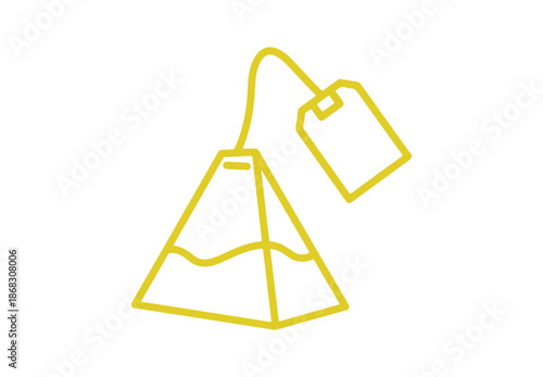 Linear icon. Pyramid-shaped tea bag featuring a paper tag. Simple color vector on a white background.