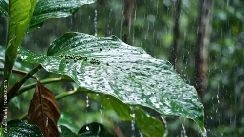Rain falling on tropical leaves creating a soothing natural soundscape in the forest setting