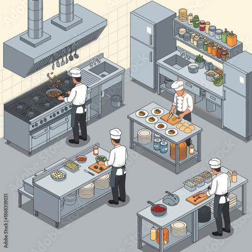 Commercial Kitchen Chefs Preparing Food.