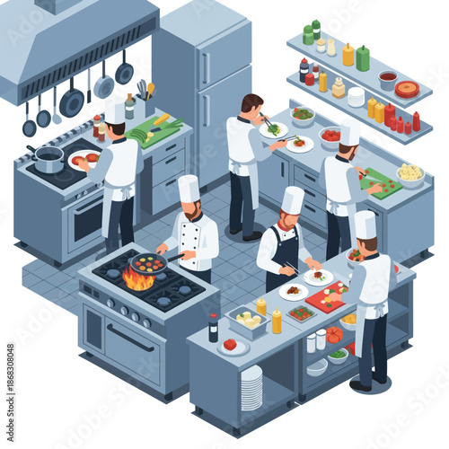 Chefs Working Together in Commercial Kitchen.