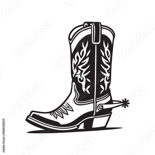 Classic black cowboy boot with white embroidery