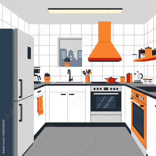 Modern Kitchen Interior with Orange Accents.