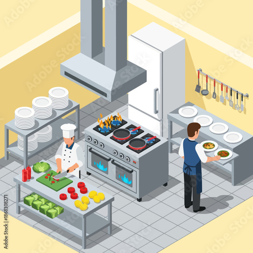 Chef Preparing Food in Commercial Kitchen.