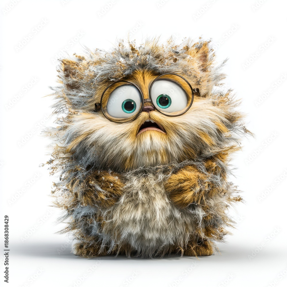 Fototapeta premium Tiny kitten with oversized glasses looks bewildered against a white background.