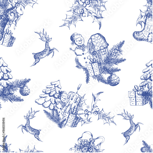 Winter, blue, Christmas pattern, toile de Jouy design with Christmas tree, snowman, holly, deer.