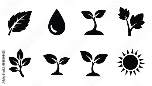 Black and white icons depicting leaves a water droplet sprouts and a sun